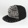 Close-up of black canvas hip hop hat with silver metal spikes and rivet details - Adjustable / Black