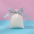 Beige velvet jewelry drawstring pouch with a grey satin ribbon bow on a pastel background - 7x9cm / Off-White With Grey Ribbon