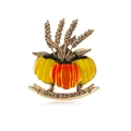 Enamel pumpkin and wheat brooch with Give Thanks banner in gold finish - Thanksgiving Pumpkin Wheat Style (HC0592)