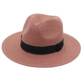Detail view of the pink Panama straw hat featuring a classic black grosgrain ribbon band - One Size / Dusty Pink