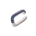 Detailed close-up of a silver ear cuff featuring micro-pave set blue crystals - Platinum Blue Zirconia