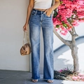 Women's mid-blue high-waisted wide-leg jeans with raw hem and distressed details - Dark Blue