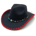 Cappello da cowboy in feltro nero con bordo rosso all'uncinetto e fascia etnica - M(56-58cm) / Nero