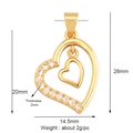 Gold plated double heart pendant with micro inlaid stones and dimensional metrics - Double Heart / Gold