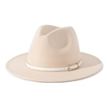 Detailed close-up of a beige wool fedora hat with a thin white leather belt and gold buckle - M(56-58cm) / Beige + White Belt