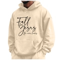 Beige fleece hooded sweatshirt featuring black Fall for Jesus script print - S / Tops / Beige