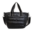 Glossy black quilted puffer bag with striped handles and detachable shoulder strap - Striped / Black