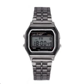 Detailed close-up of retro digital watch face with gunmetal steel band and LCD display - Stainless Steel / Black