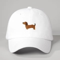 White cotton baseball cap with embroidered brown dachshund dog in a vintage style - Adjustable / White