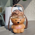 Brown bear shaped water bottle with shoulder strap and straw for children and students - 1000ml / Brown