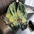 Écharpe en soie vert olive avec imprimé floral et oiseaux rétro pour femme - 24205-image Principale / 110*110CM