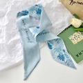 Light blue satin silk twilly scarf with tropical leaf pattern and Love Yourself text - Monstera Leaf