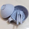 Eco-friendly light blue wheat straw noodle bowl set with lid, drainer and utensils - Drainage Style 5-Piece Set / Nordic Blue