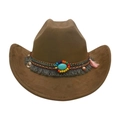 Brauner Cowboyhut aus Wolle mit Ethno-Türkisband und langen rosa Quasten - Einheitsgröße / Armeegrün