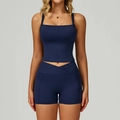 Ensemble de yoga bleu marine avec débardeur col carré et short taille croisée à poches - Bleu minuit (Débardeur + Short)