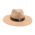 Light camel wide brim fedora hat with brown leather band and silver bull head emblem - Camel