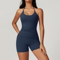 Navy blue halter neck yoga set with high waist compression sports shorts for women - S / Badge Blue (Top+Shorts)