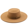 Classic wool felt boater hat with wide brim and ribbon bow decoration for autumn - Camel