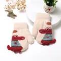Winter warm knitted mittens for kids with cute crocodile pattern and neck string strap - Length 14cm (Ages 4-8) / Off-white (C1505 Khaki)