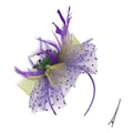 Serre-tête fascinateur avec plumes mauves, nœud jaune et voile résille à pois - Mélange Jaune, Vert, Violet