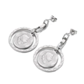 Retro silver drop earrings with portrait coin and lattice textured hoop for women - Steel