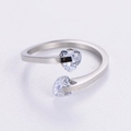 Minimalist double heart zircon open ring in silver finish with adjustable band - US 6 / Steel