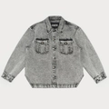 Detail of grey acid wash denim shirt showing dual chest pockets and metal buttons - S / Dust Gray