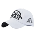 Close-up of high-quality white cotton baseball cap with black POST embroidery details - Adjustable / White