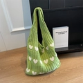 Green handmade knit tote bag with white hearts and thick cable stitch texture - White Heart / Green
