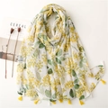 Pastoral style floral cotton scarf in white with yellow flower print and soft tassels - White with Yellow Flower