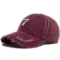 Vintage burgundy baseball cap featuring white number 7 patch and distressed brim details - Adjustable / Burgundy