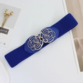 Elastic navy blue dress belt with gold interlocking double rose floral buckle - Blue / 75cm