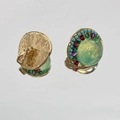 Gold-tone clip-on earrings with green center stone and colorful beaded halo detail - Vintage Gold Metal Green Gem Ear Clip (2120 Ear Clip)