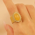 Retro wide golden ring with oval yellow stone in a vintage bohemian style for women - 23 18k Real Gold Oval Yellow 9912