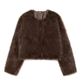Detail of premium brown faux fur jacket showing long plush texture and round neckline - Brown