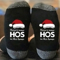 Funny Christmas socks in black and grey with Christmas hat and 'HOS' humor lettering - One Size / Santa Hat HOS Grey Black