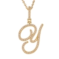 Macro view of gold plated cursive Y letter pendant with micro-paved cubic zirconia stones - Y (Gold)