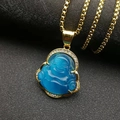 Detail of gold plated stainless steel necklace with blue stone Buddha pendant - Ice Blue Pendant