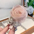 Pink sheer rose hair clip with white faux pearls and a sparkling square rhinestone - Rose Hair Clip