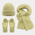 Detailed vertical ribbed knit texture of warm winter hat, scarf, and touchscreen gloves set - Matcha Green