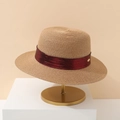 French minimalist flat top straw hat with deep red metallic ribbon and gold buckle - Khaki