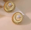 French vintage style golden pleated earrings with elegant white pearl inlay - ED05-Radiant Pleated Pearl