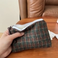 Detail of vintage plaid wool coin purse with white zipper and brown woven cord pull - Green Coffee Small Plaid
