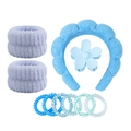 Blue and lavender plush hairband set with flower claw clip and spiral hair ties - Headband & Wristband Set / Blue