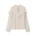 Elegante blusa de gasa beige con volantes en capas y diseño de lazo frontal - XS / Blanco lechoso
