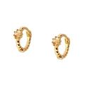 Detailed view of gold hoop earrings with beaded texture and amber round gemstone - Champagne Gold