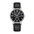 Macro detail of men's quartz chronograph watch with black leather strap and silver case - Black Dial Black Strap Chronograph Style