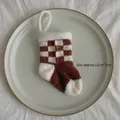 Brown and white checkered knitted mini Christmas stocking ornament with hanging loop - Coffee White Checkerboard Large Sock
