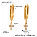 Specifiche delle dimensioni per orecchini a croce in acciaio e zirconi placcati oro - Stile Croce a U (Q034) / Oro