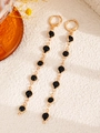 Long gold chain earrings with black round stones in a Y-shaped crystal pearl style - Black Round Earrings (4092)